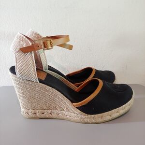TORY BURCH Women Shoes US 10 Canvas Espadrille Wedge Shoes Sandal Black